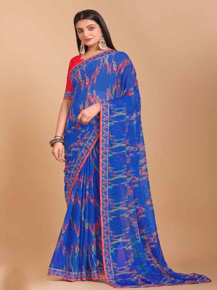 Navy Blue Chiffon Printed Festival Casual Contemporary Saree