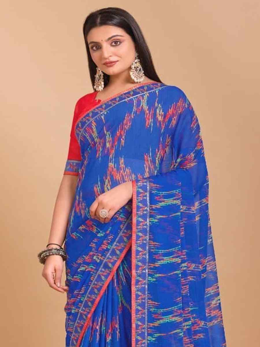 Navy Blue Chiffon Printed Festival Casual Contemporary Saree