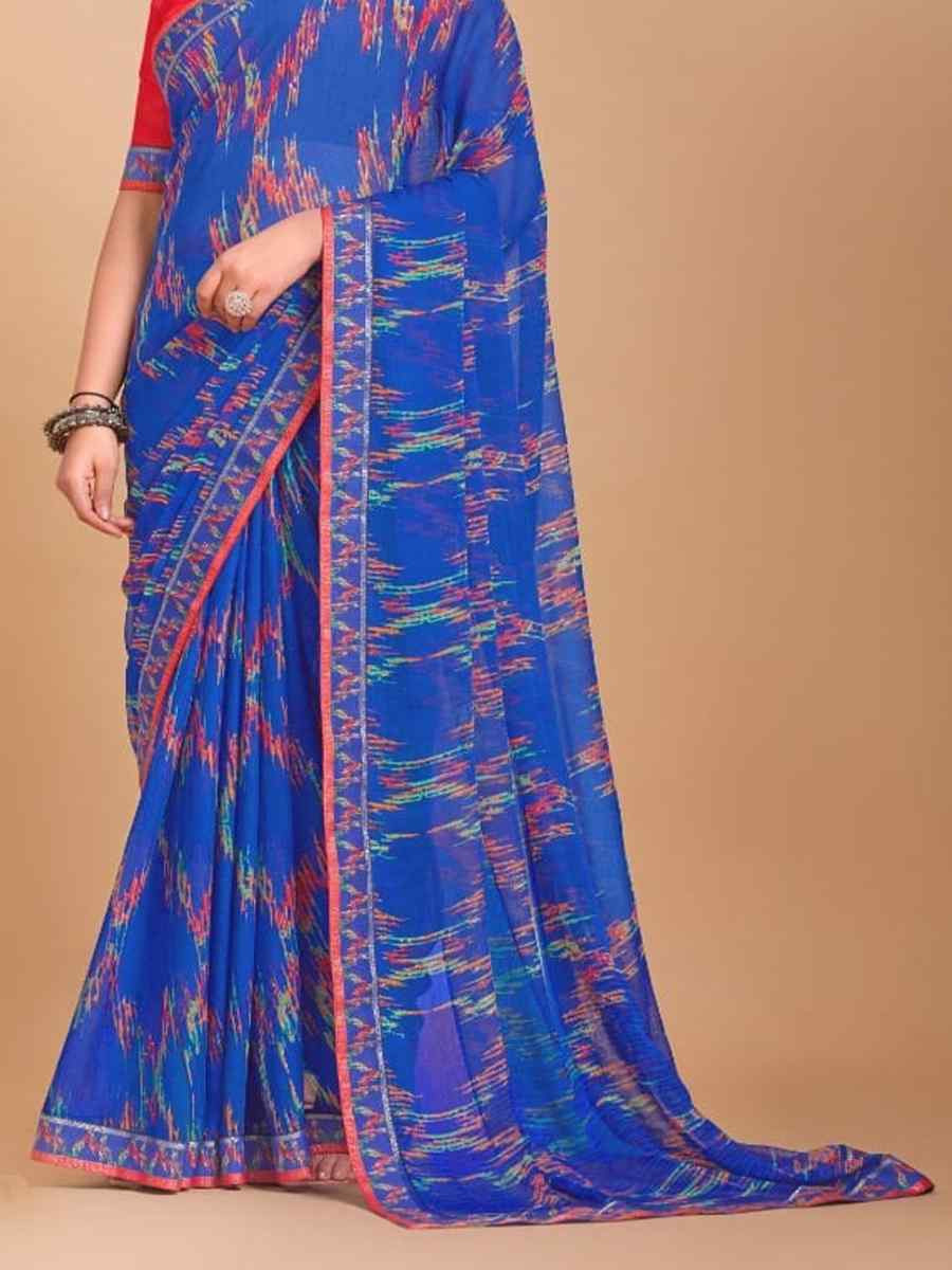 Navy Blue Chiffon Printed Festival Casual Contemporary Saree