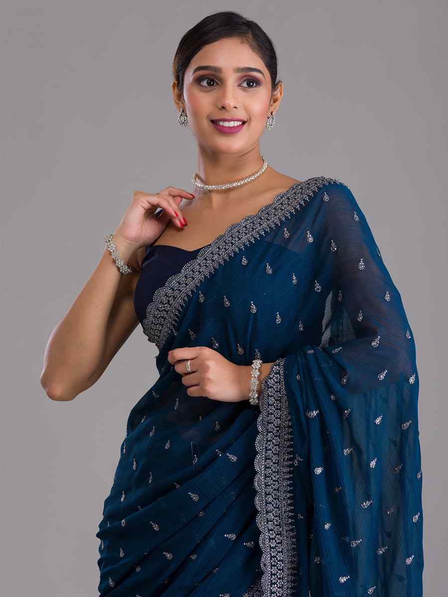 Navy Blue Chinon Chiffon Handwoven Wedding Festival Heavy Border Saree