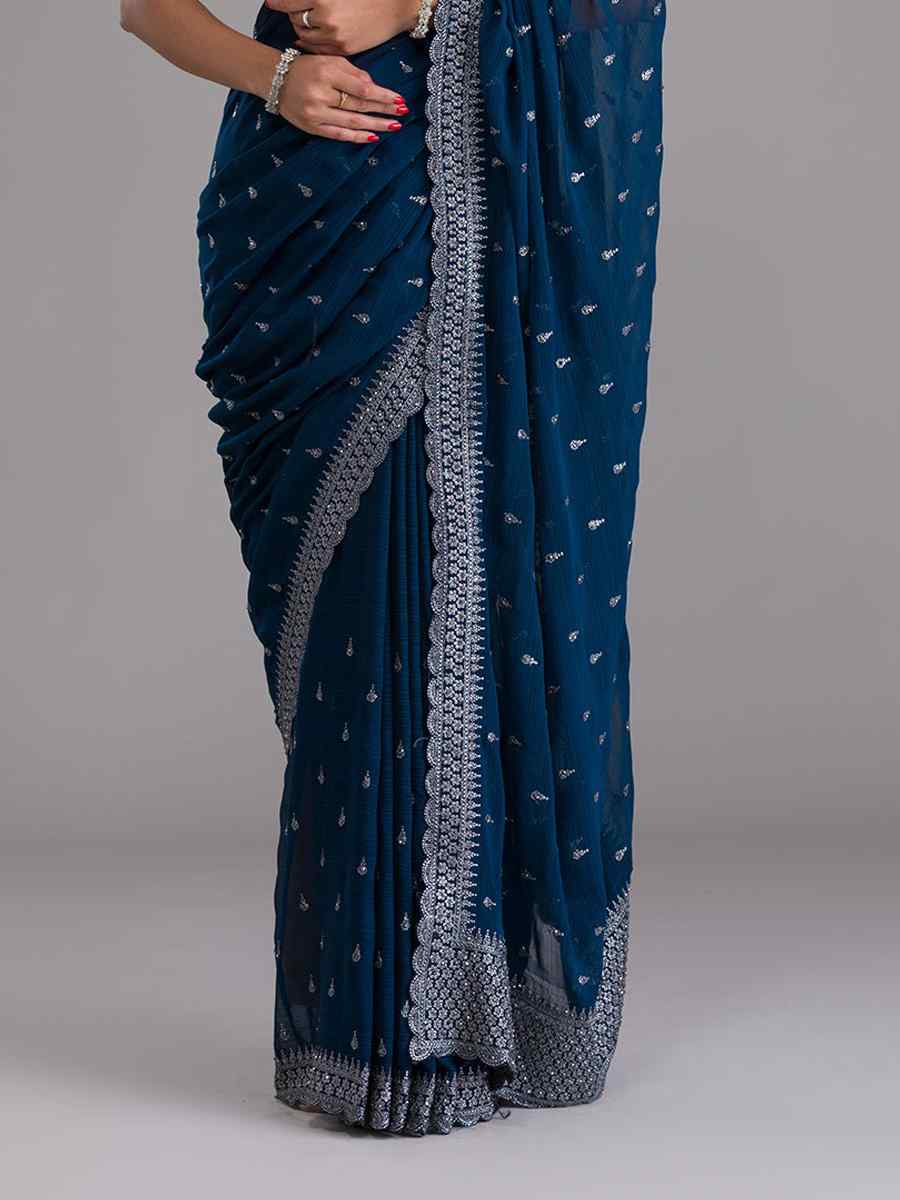 Navy Blue Chinon Chiffon Handwoven Wedding Festival Heavy Border Saree