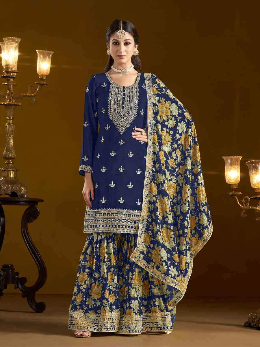 Navy Blue Chinon Embroidered Festival Wedding Sharara Pant Salwar Kameez