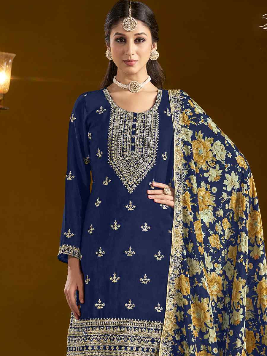 Navy Blue Chinon Embroidered Festival Wedding Sharara Pant Salwar Kameez