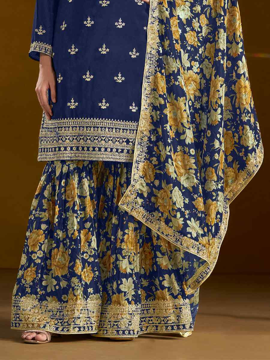 Navy Blue Chinon Embroidered Festival Wedding Sharara Pant Salwar Kameez