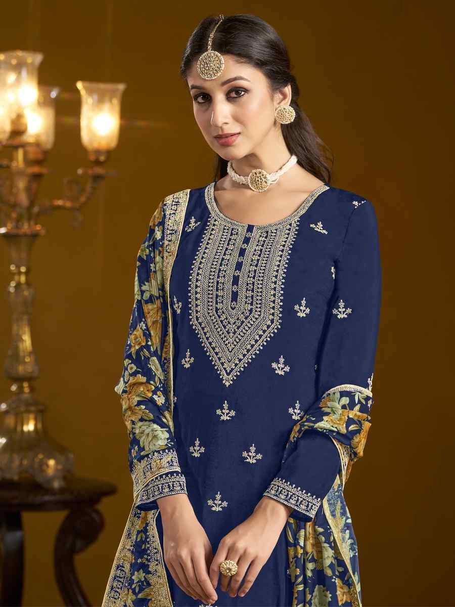 Navy Blue Chinon Embroidered Festival Wedding Sharara Pant Salwar Kameez