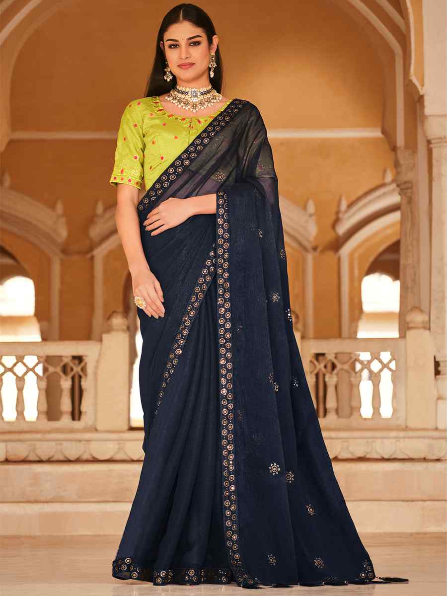 Navy Blue Chinon Handwoven Wedding Festival Heavy Border Saree