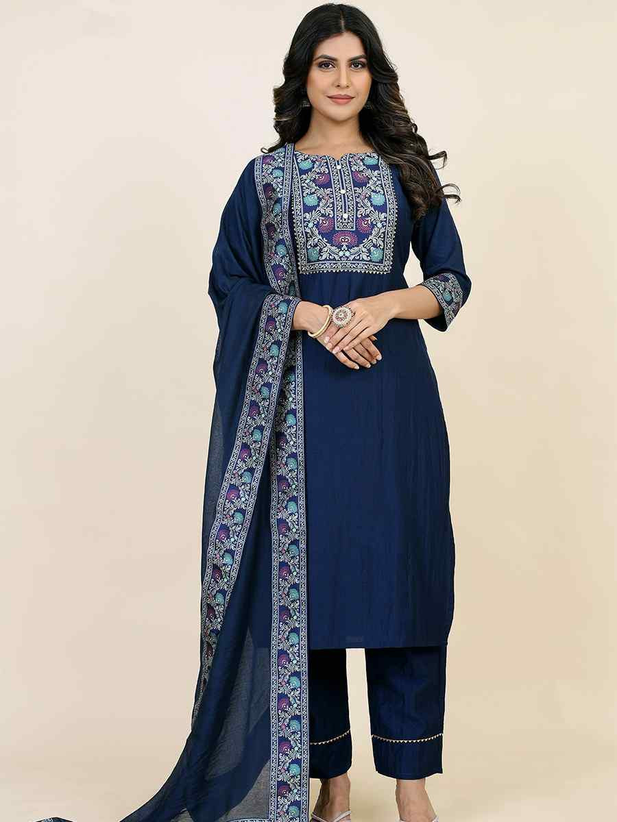 Navy Blue Chinon Silk Embroidered Festival Casual Ready Pant Salwar Kameez