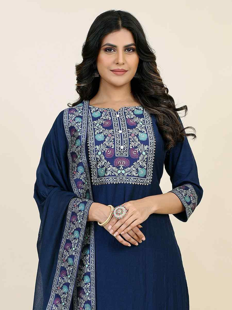 Navy Blue Chinon Silk Embroidered Festival Casual Ready Pant Salwar Kameez