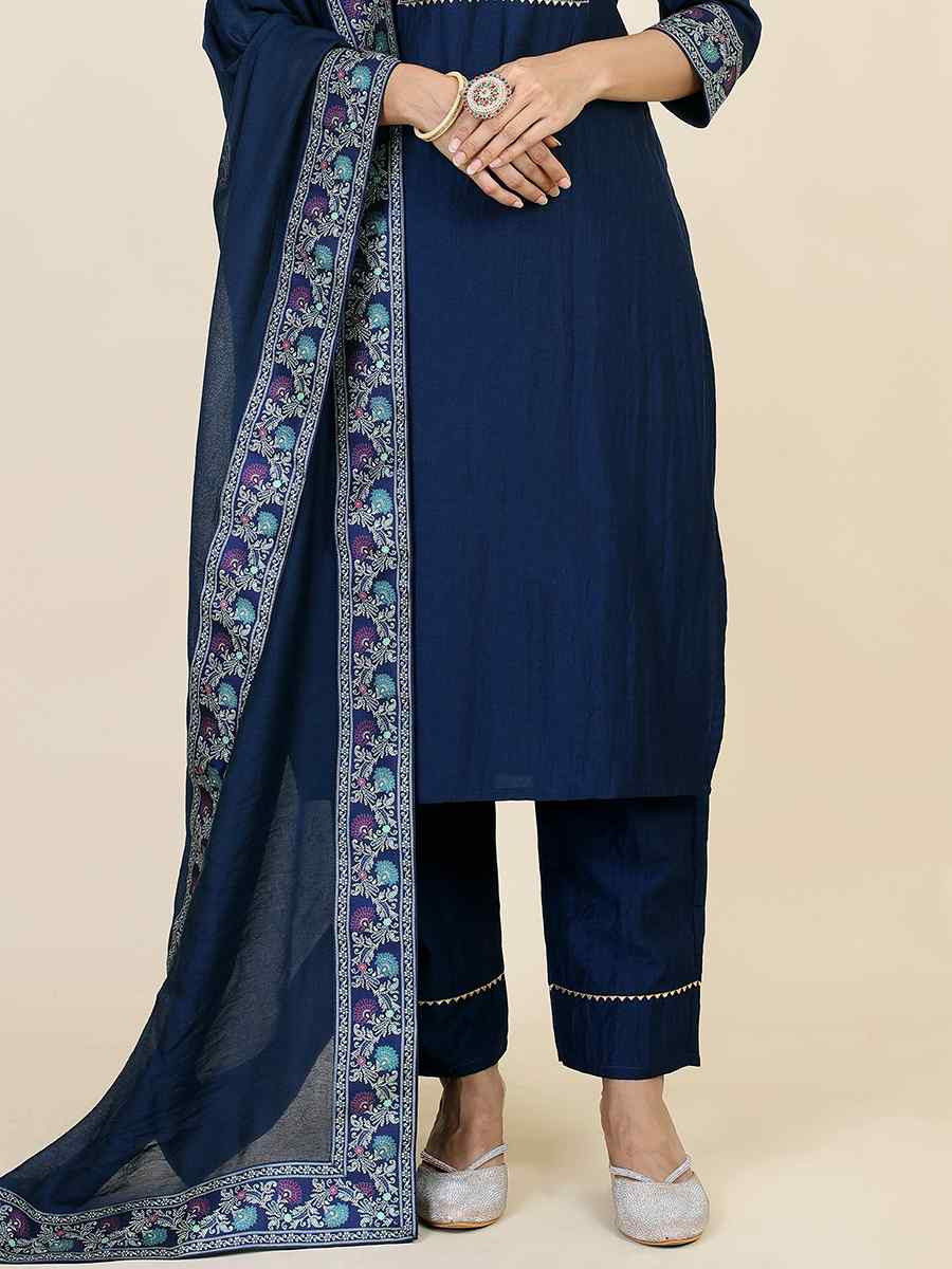 Navy Blue Chinon Silk Embroidered Festival Casual Ready Pant Salwar Kameez