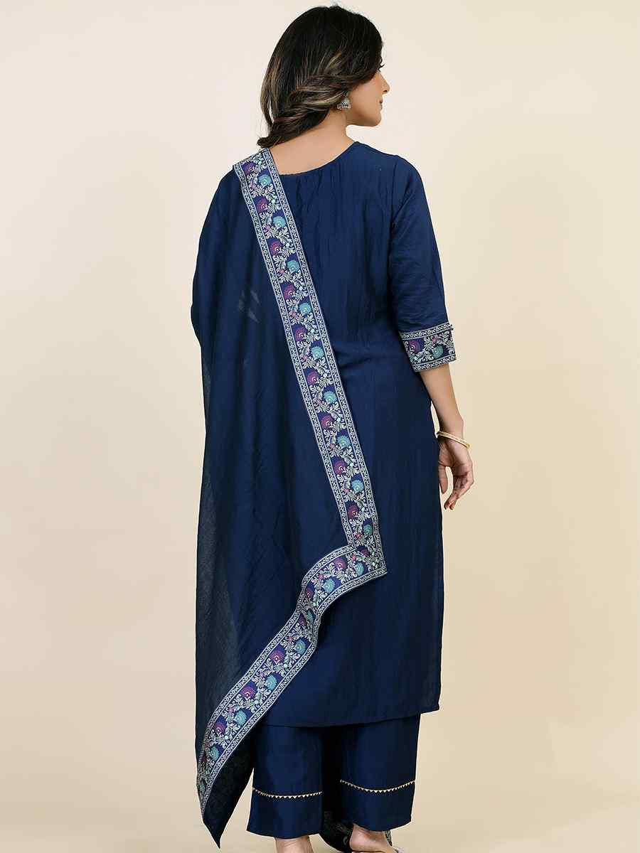 Navy Blue Chinon Silk Embroidered Festival Casual Ready Pant Salwar Kameez