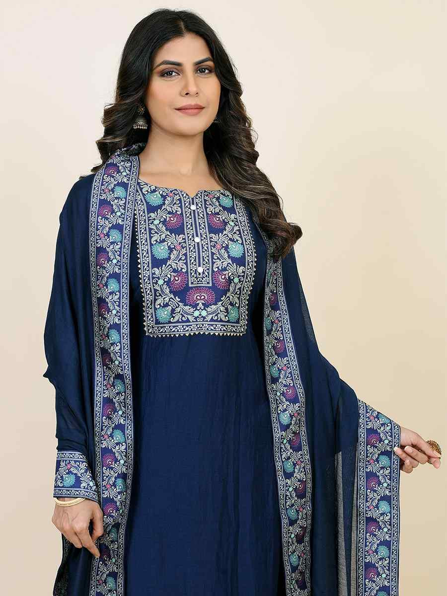 Navy Blue Chinon Silk Embroidered Festival Casual Ready Pant Salwar Kameez