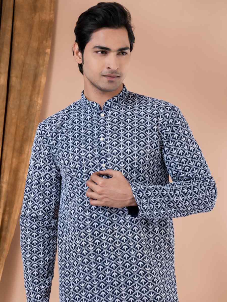 Navy Blue Cotton Embroidered Festival Party Kurta