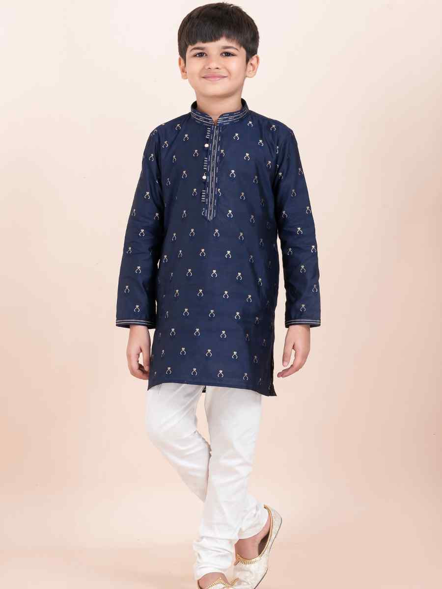 Navy Blue Cotton Embroidered Festival Traditional Kurta Pyjama Boys Wear