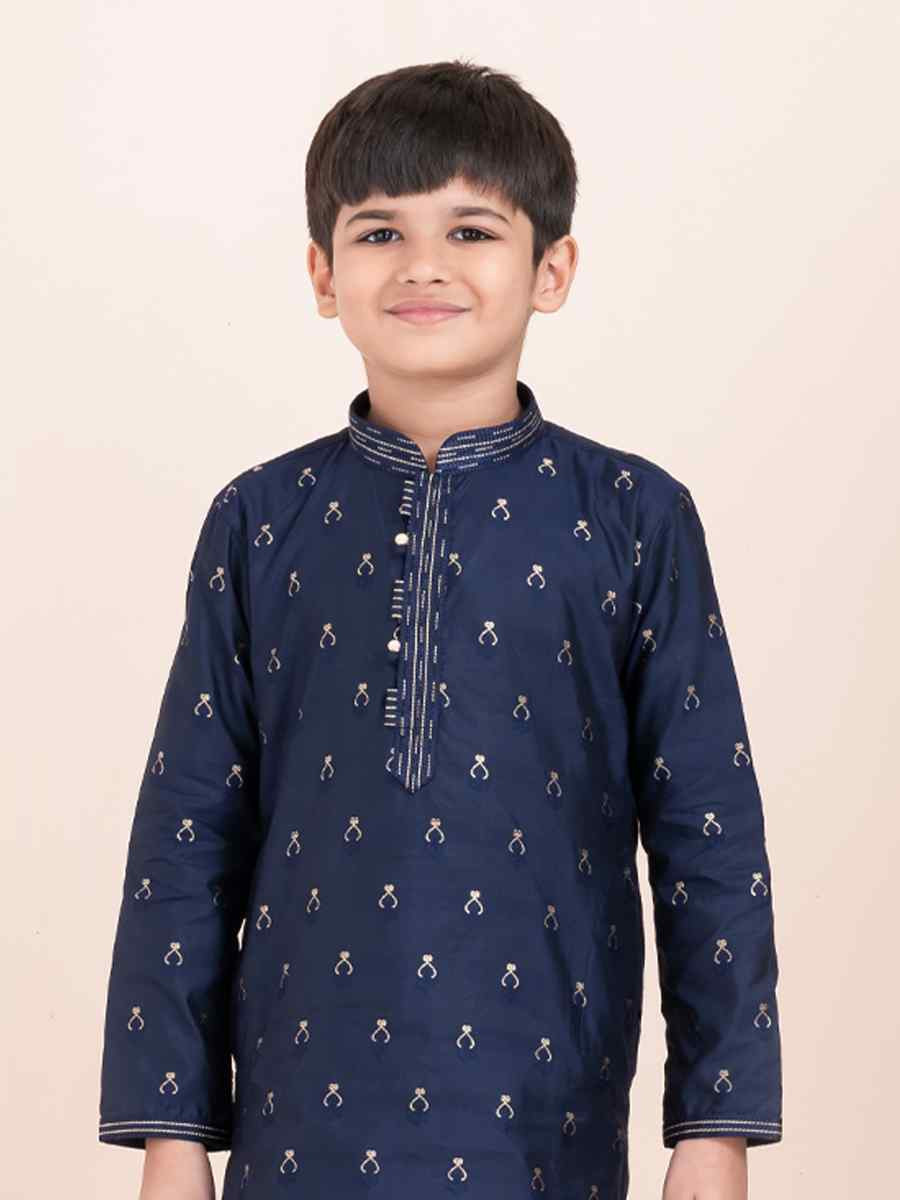 Navy Blue Cotton Embroidered Festival Traditional Kurta Pyjama Boys Wear