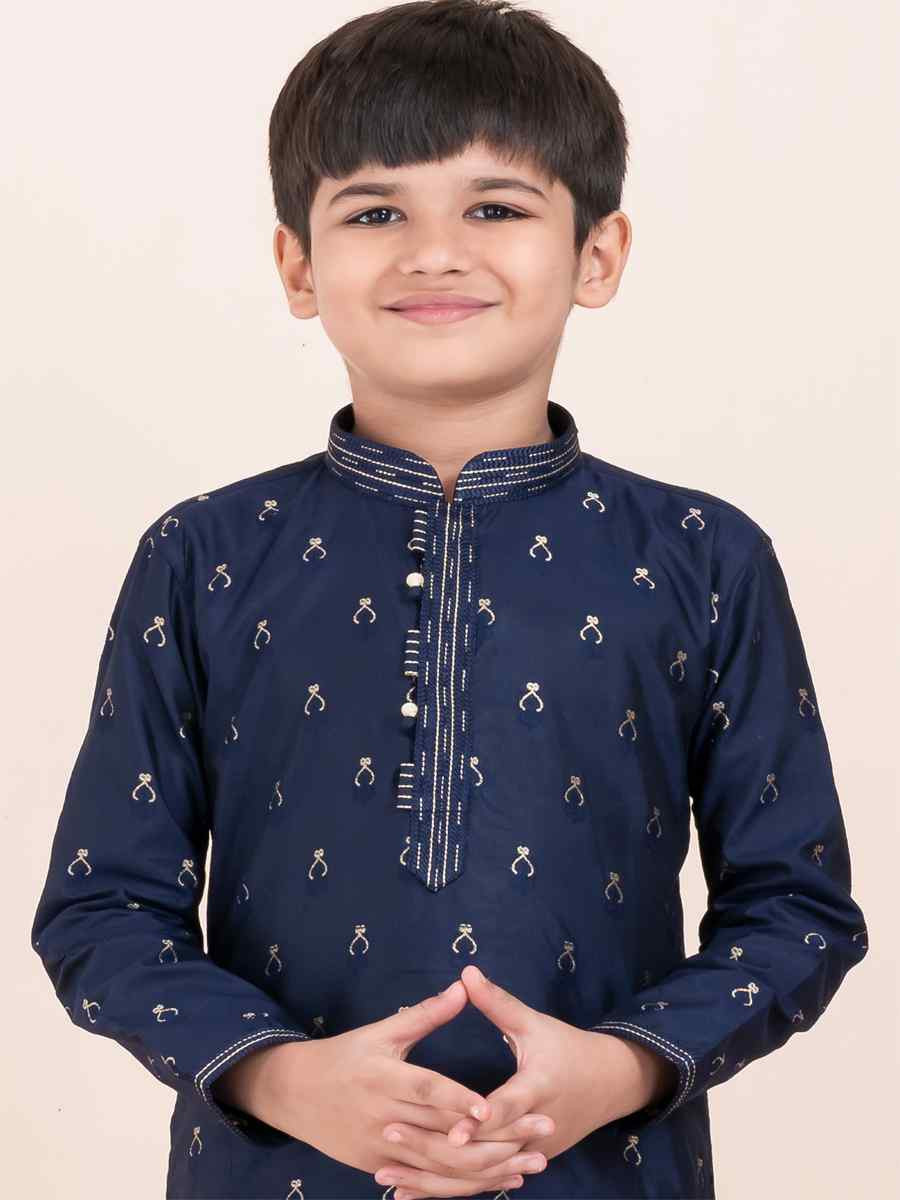 Navy Blue Cotton Embroidered Festival Traditional Kurta Pyjama Boys Wear