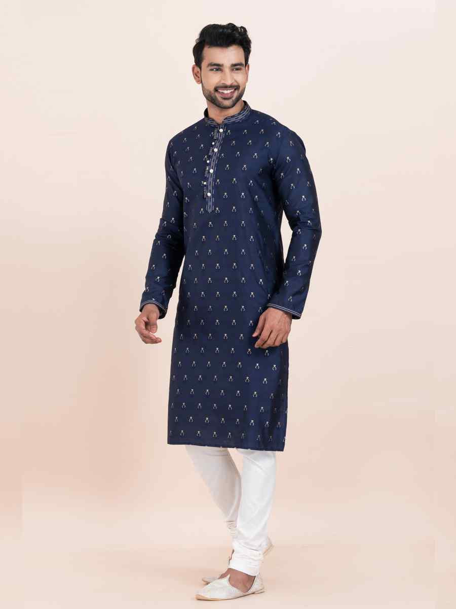 Navy Blue Cotton Jacquard Printed Festival Wedding Kurta Pyjama Men's Wear