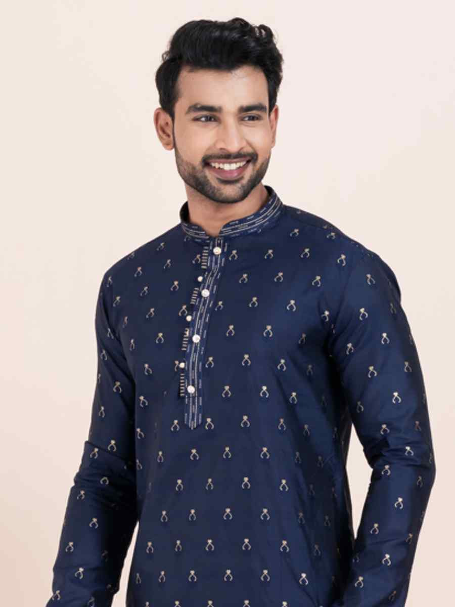 Navy Blue Cotton Jacquard Printed Festival Wedding Kurta Pyjama Men's Wear