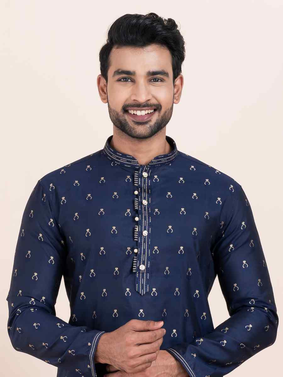 Navy Blue Cotton Jacquard Printed Festival Wedding Kurta Pyjama Men's Wear