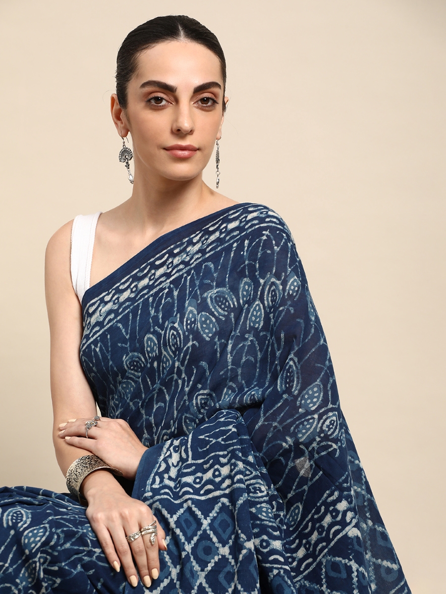 Navy Blue Cotton Printed Festival Casual Contemporary Sarees