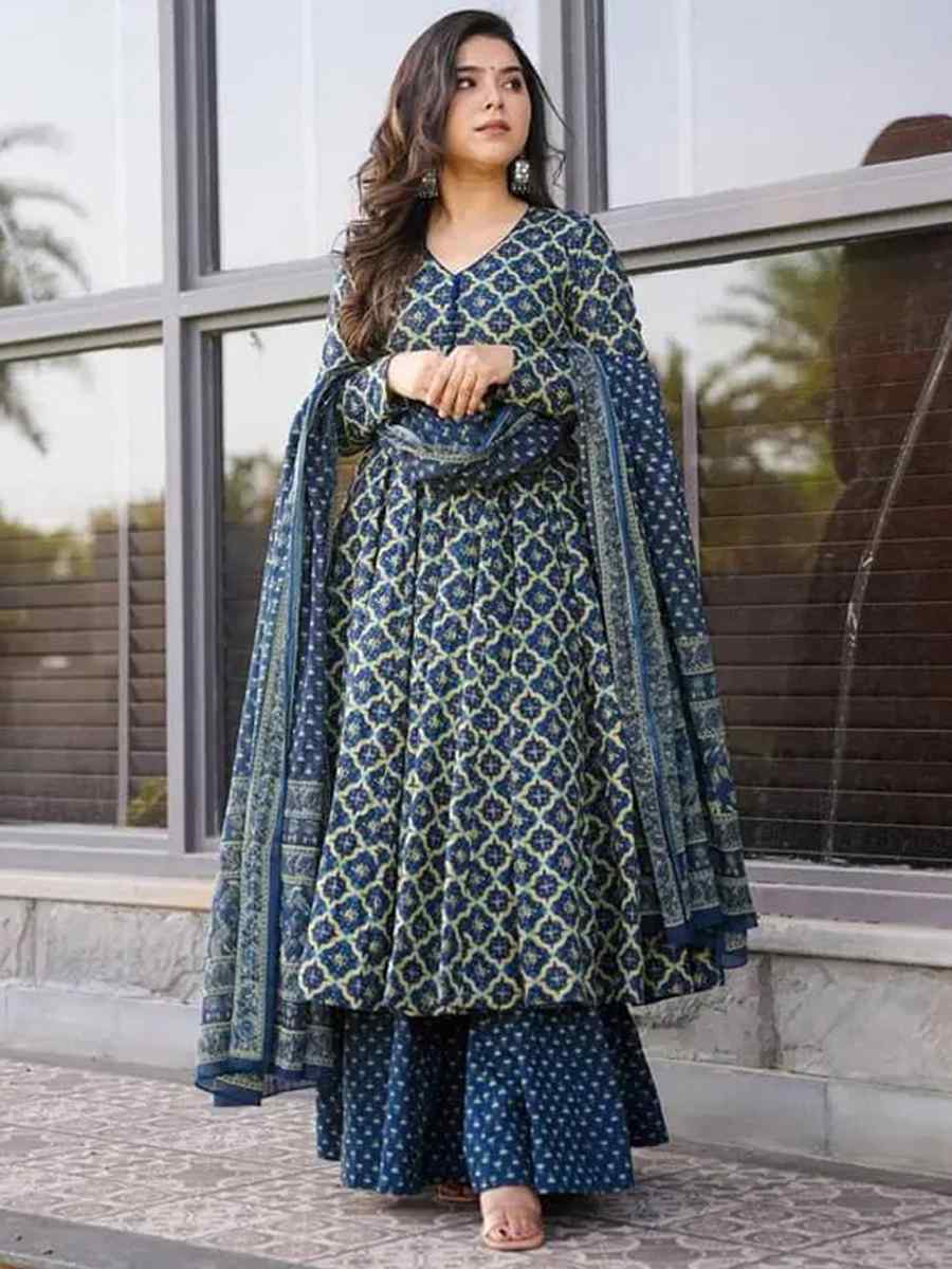 Navy Blue Cotton Silk Embroidered Festival Casual Ready Anarkali Salwar Kameez