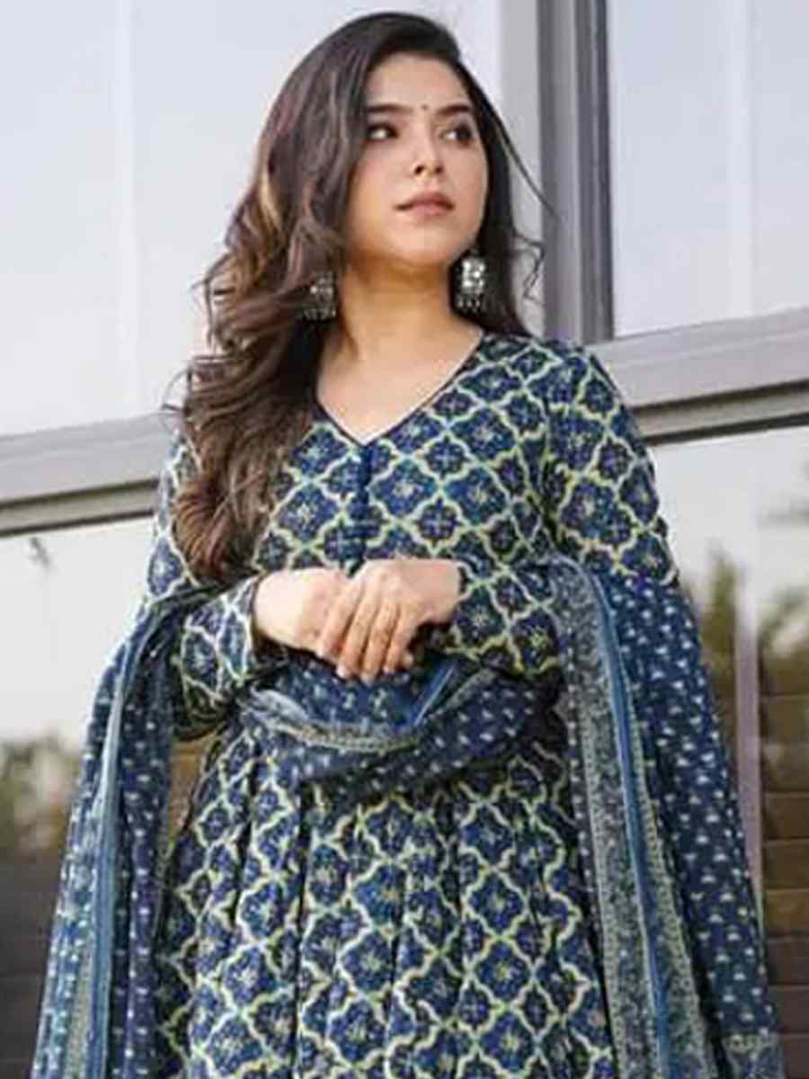 Navy Blue Cotton Silk Embroidered Festival Casual Ready Anarkali Salwar Kameez