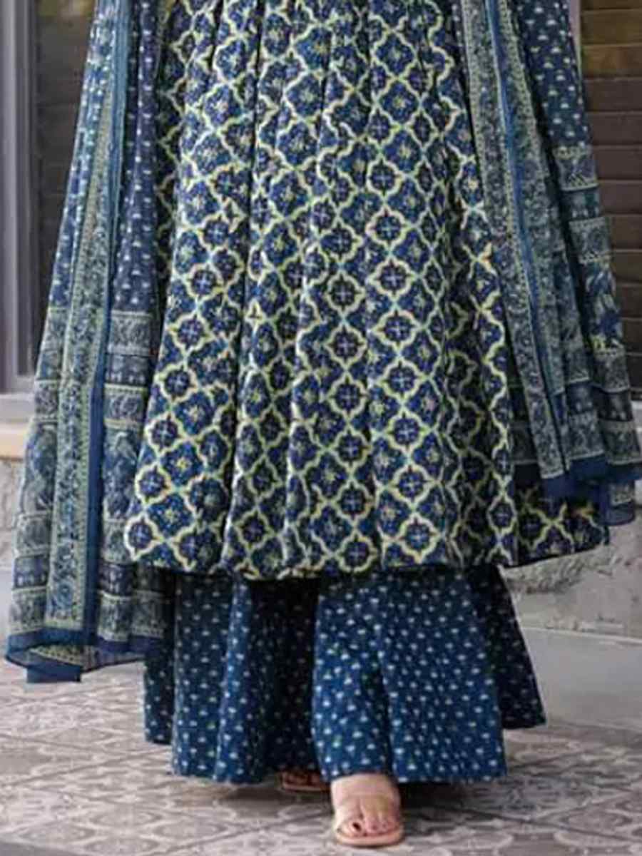 Navy Blue Cotton Silk Embroidered Festival Casual Ready Anarkali Salwar Kameez