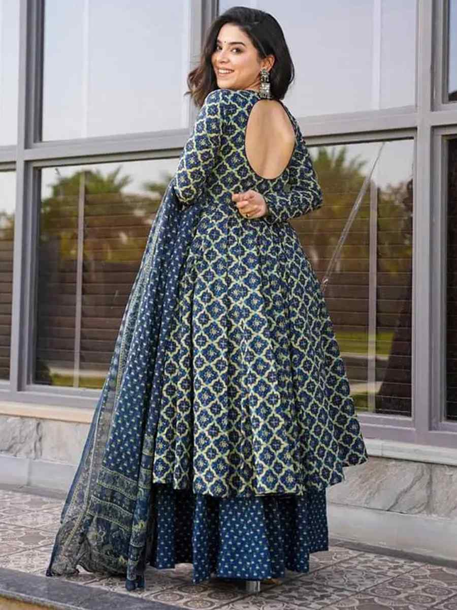 Navy Blue Cotton Silk Embroidered Festival Casual Ready Anarkali Salwar Kameez