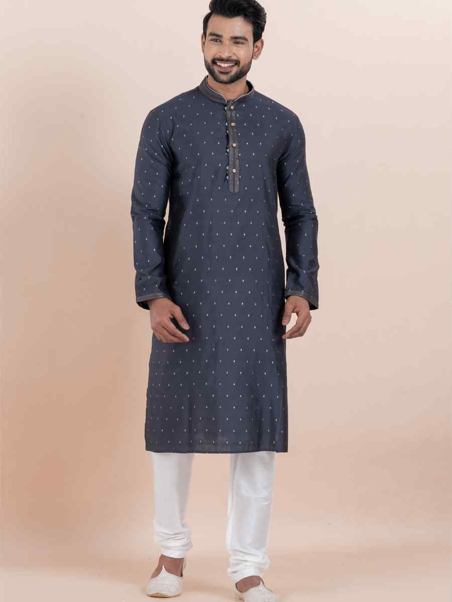 Navy Blue Cotton Silk Jacquard Embroidered Festival Wedding Kurta Pyjama Men's Wear