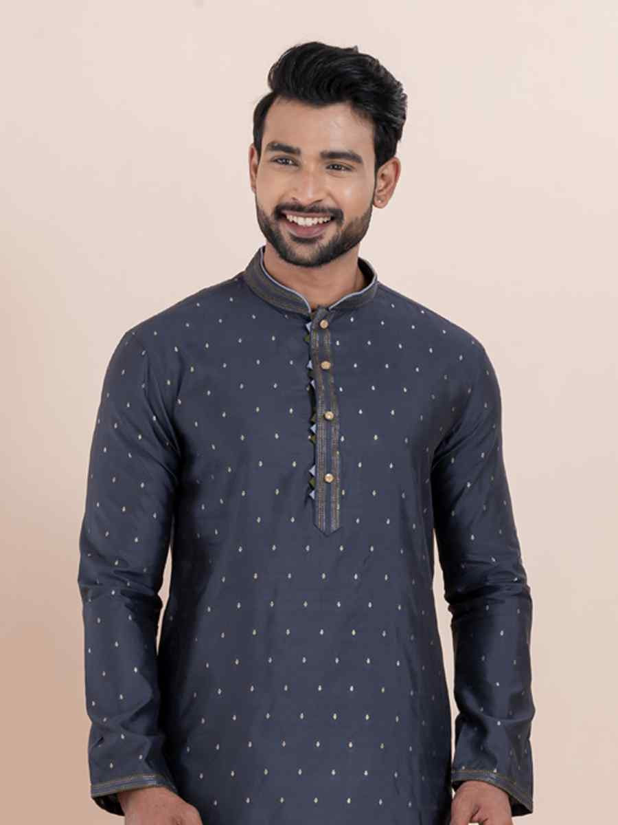 Navy Blue Cotton Silk Jacquard Embroidered Festival Wedding Kurta Pyjama Men's Wear