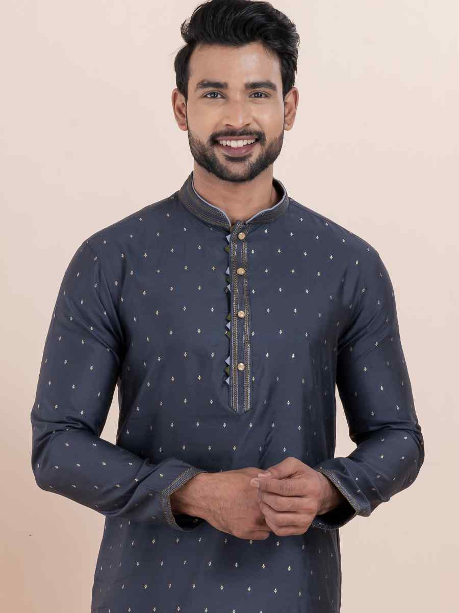 Navy Blue Cotton Silk Jacquard Embroidered Festival Wedding Kurta Pyjama Men's Wear