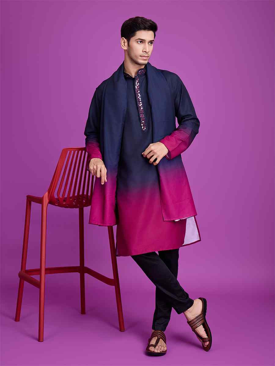 Navy Blue Cotton Woven Festival Casual Kurta