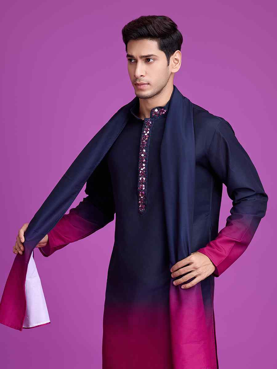 Navy Blue Cotton Woven Festival Casual Kurta