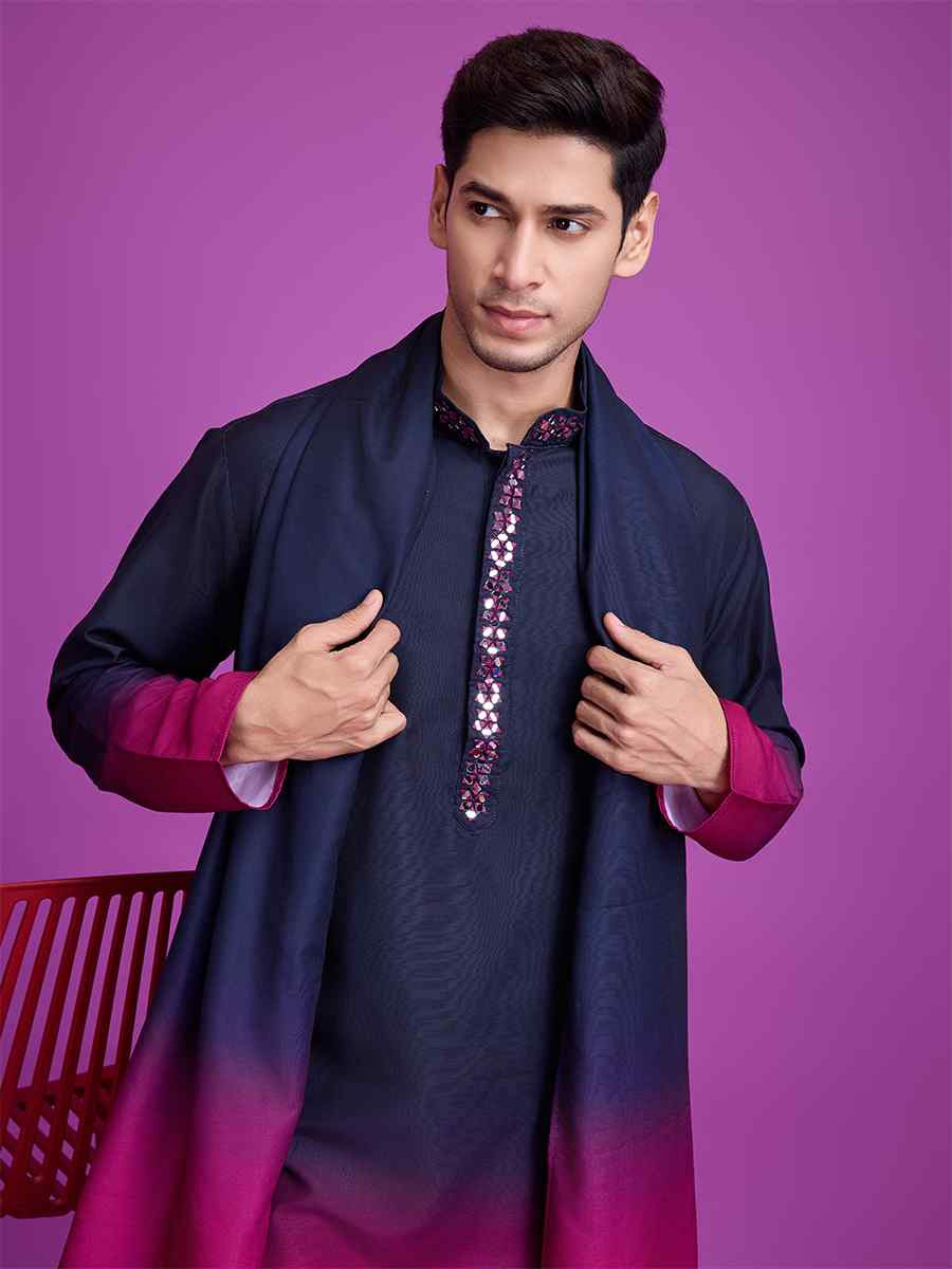 Navy Blue Cotton Woven Festival Casual Kurta