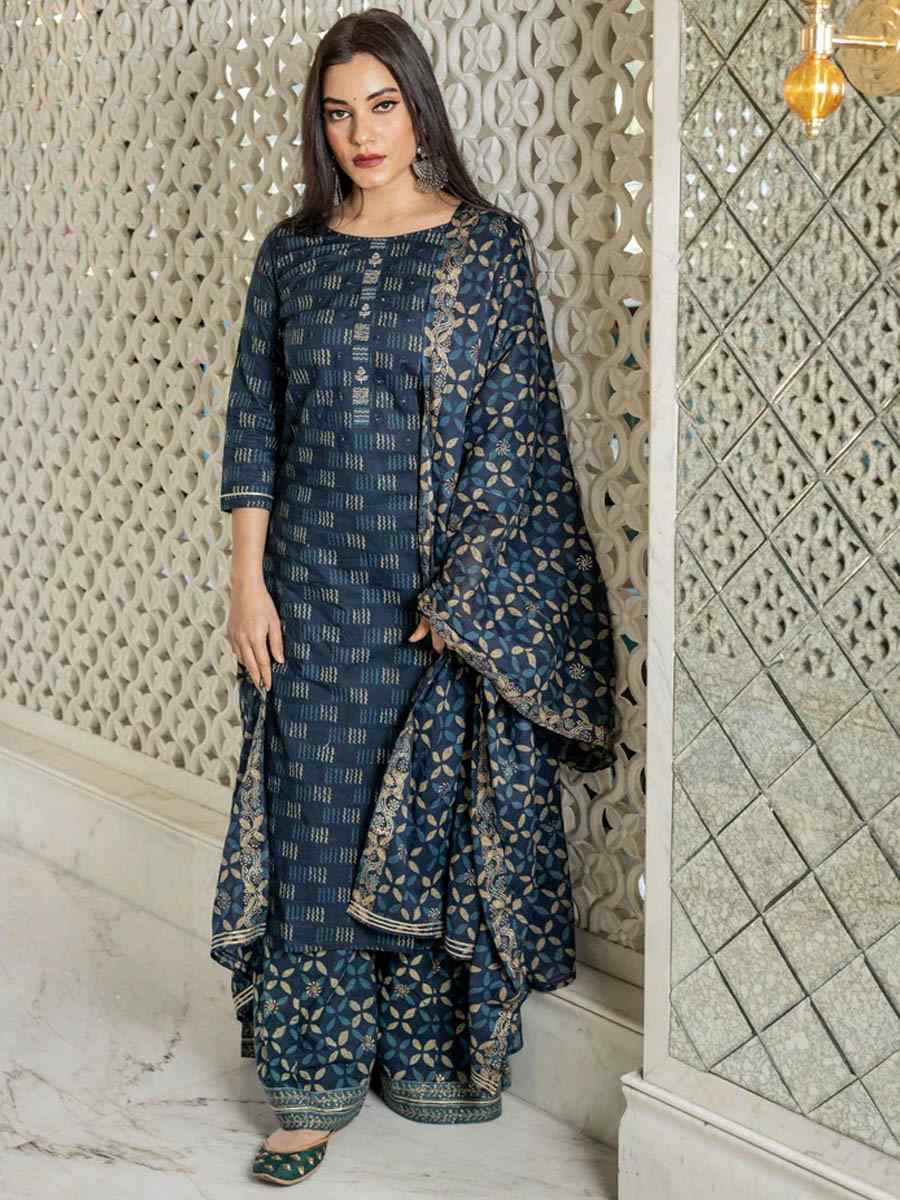 Navy Blue Cotton�Printed Casual Festival Pant Salwar Kameez