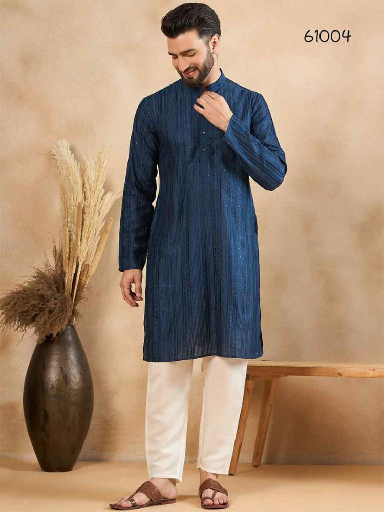 Navy Blue Designer Liva Silk Embroidered Festival Casual Kurta