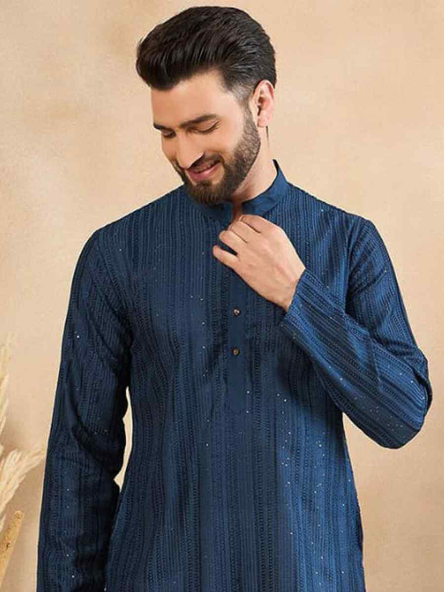 Navy Blue Designer Liva Silk Embroidered Festival Casual Kurta