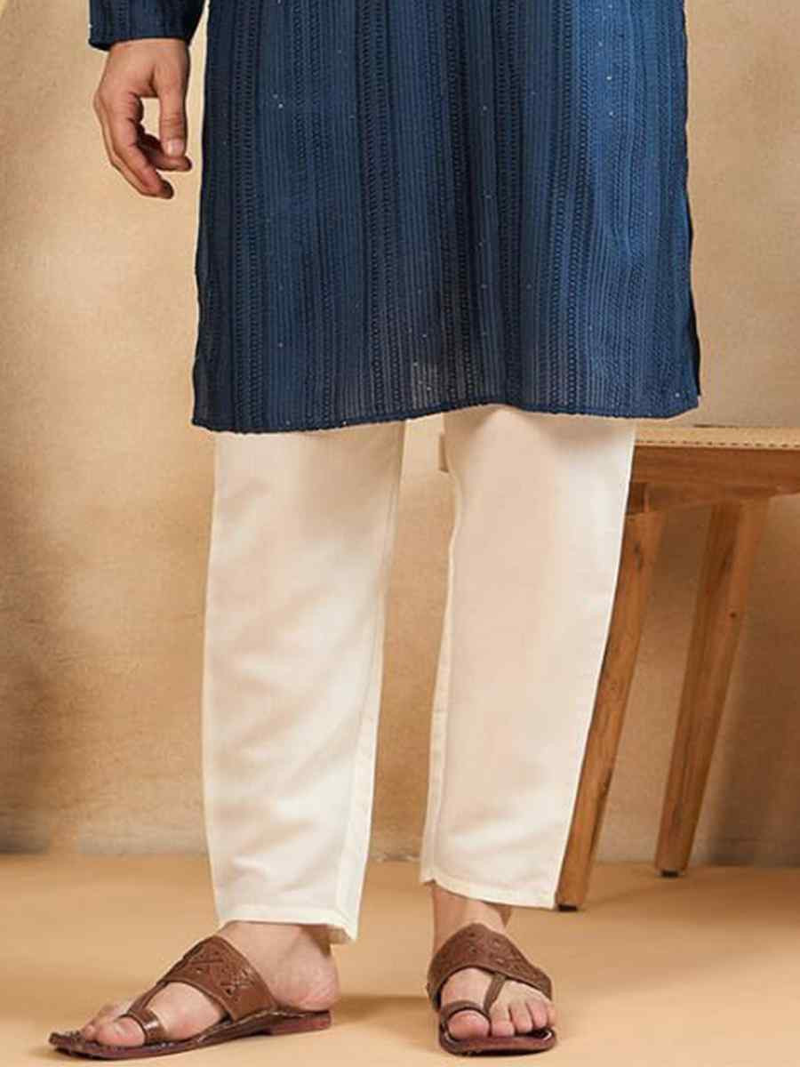 Navy Blue Designer Liva Silk Embroidered Festival Casual Kurta