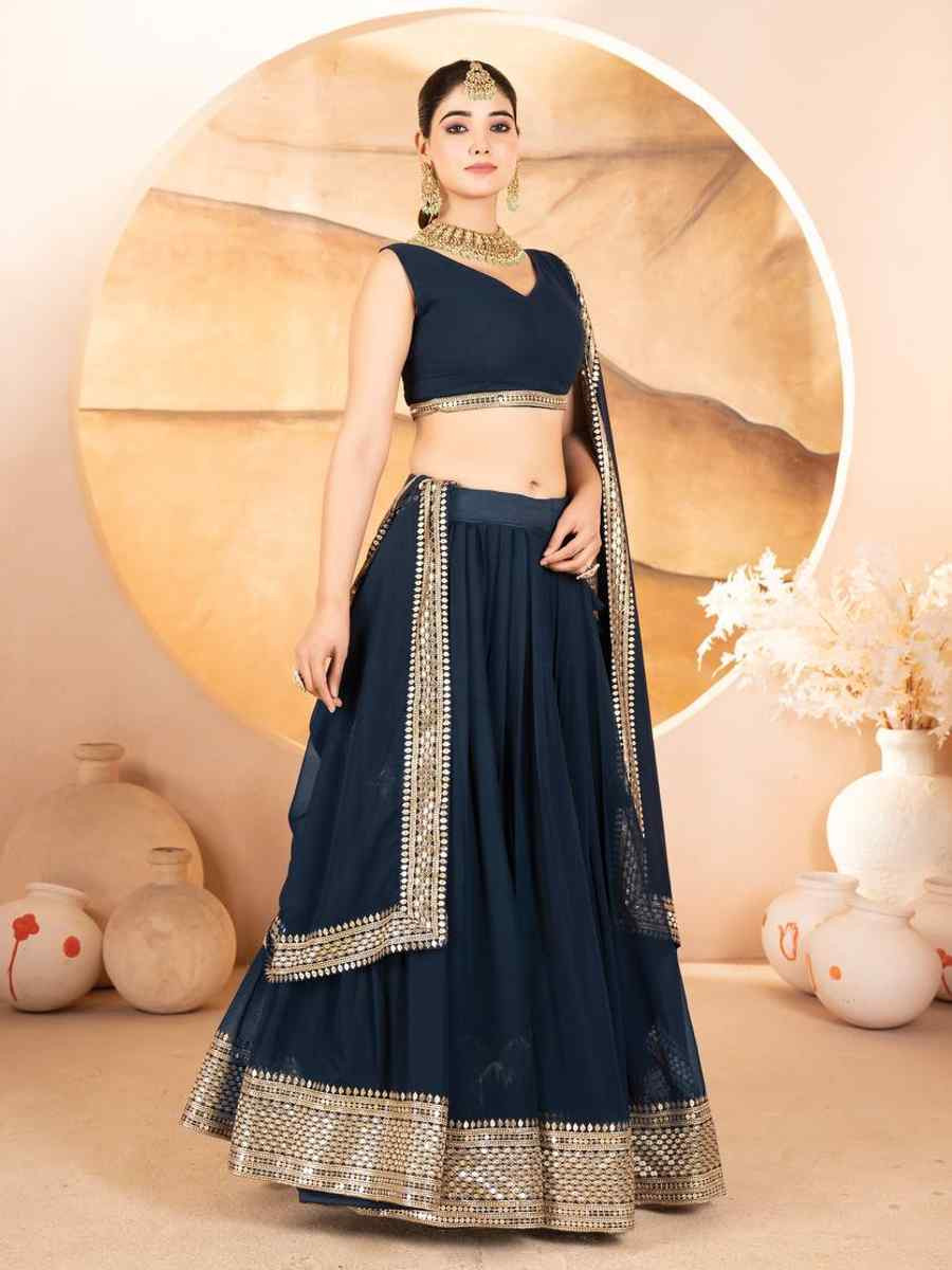 Navy Blue Faux Blooming Embroidery Reception Party Wear Heavy Border Lehenga Choli