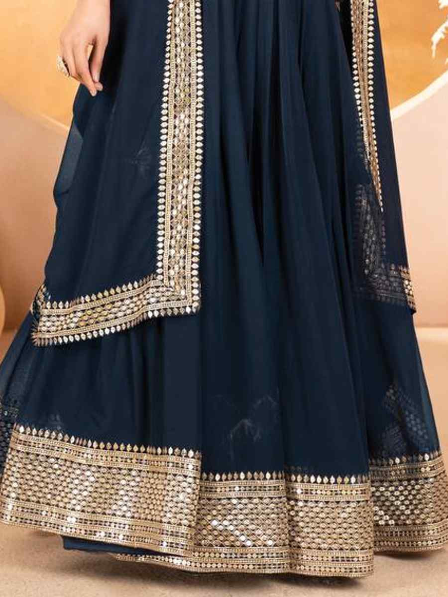 Navy Blue Faux Blooming Embroidery Reception Party Wear Heavy Border Lehenga Choli