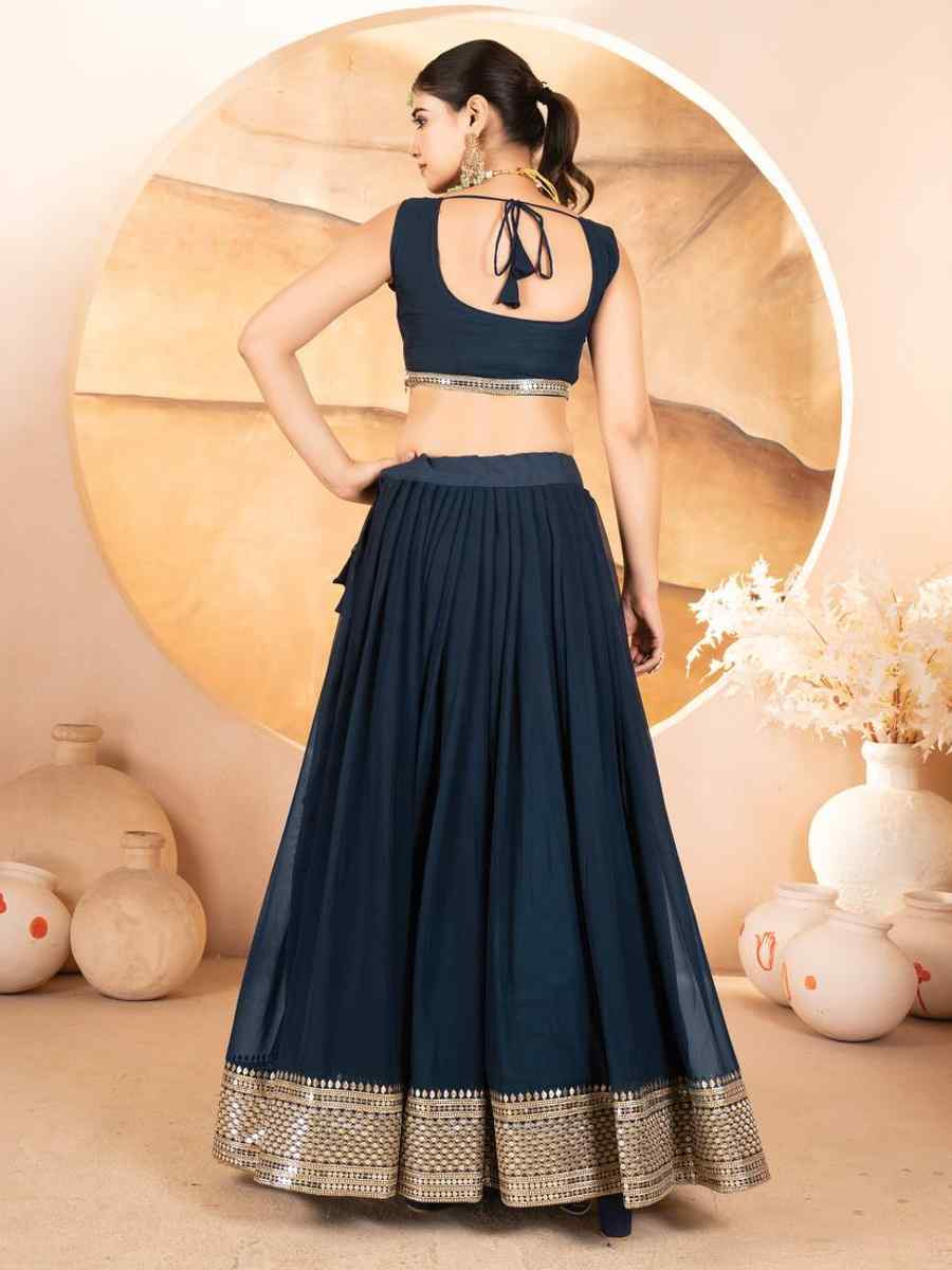 Navy Blue Faux Blooming Embroidery Reception Party Wear Heavy Border Lehenga Choli