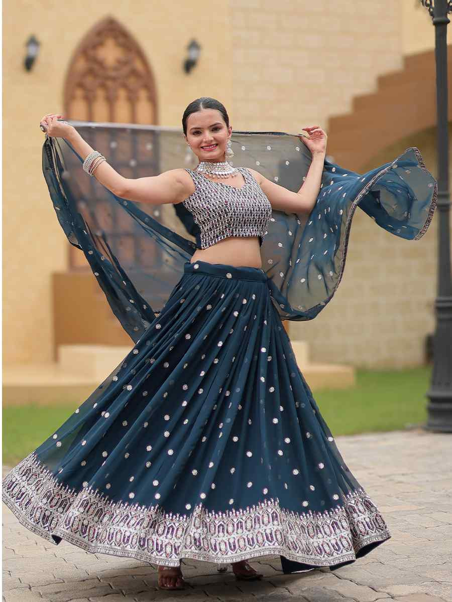 Navy Blue Faux Georgette Embroidered Bridesmaid Wedding Heavy Border Lehenga Choli