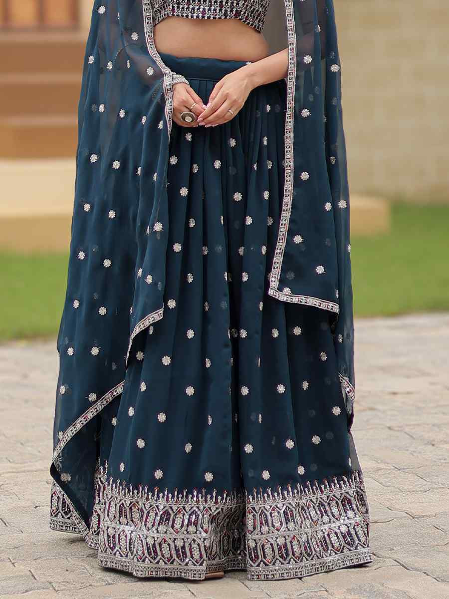 Navy Blue Faux Georgette Embroidered Bridesmaid Wedding Heavy Border Lehenga Choli