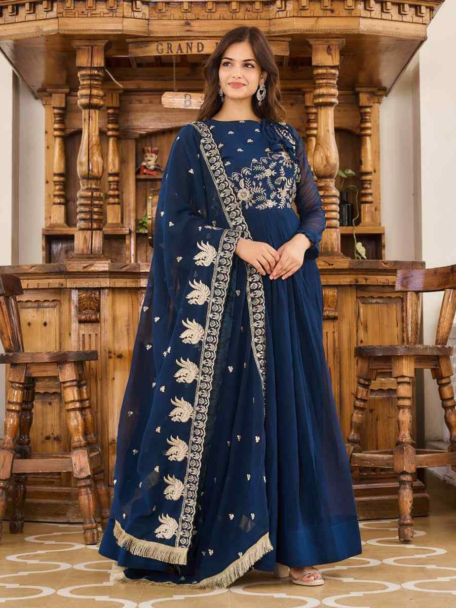 Navy Blue Faux Georgette Embroidered Festival Casual Gown