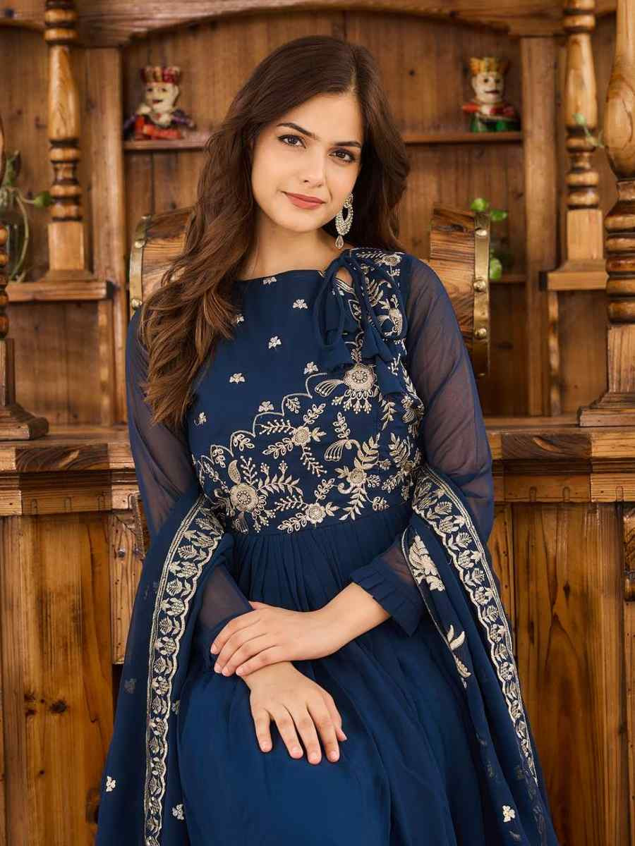 Navy Blue Faux Georgette Embroidered Festival Casual Gown