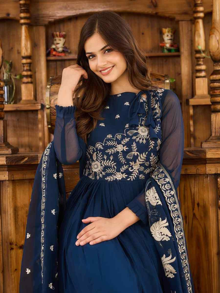 Navy Blue Faux Georgette Embroidered Festival Casual Gown