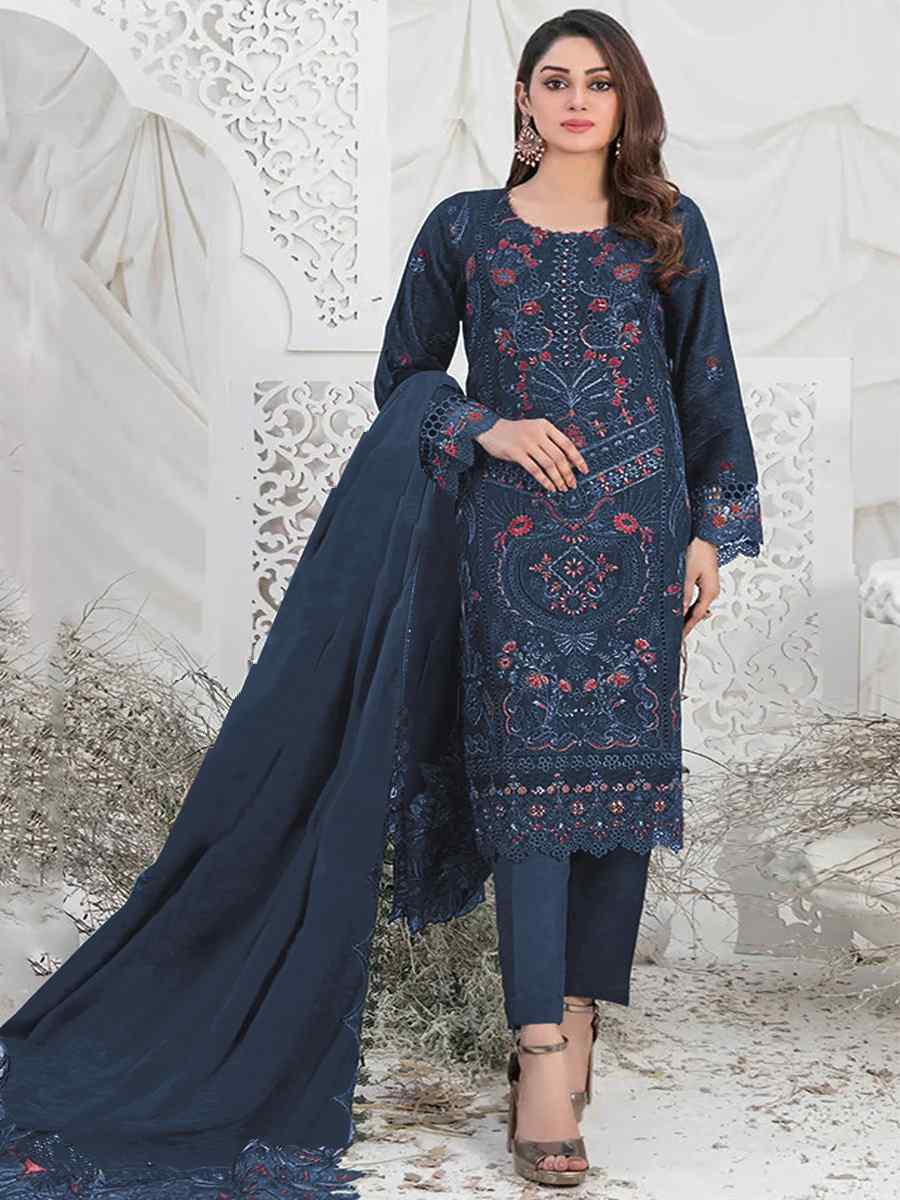 Navy Blue Faux Georgette Embroidered Festival Casual Pant Salwar Kameez