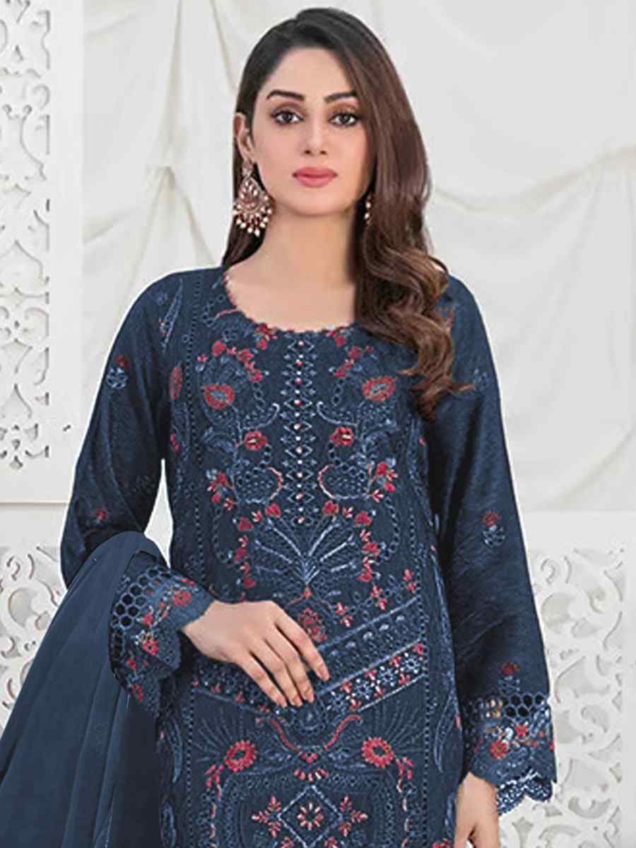 Navy Blue Faux Georgette Embroidered Festival Casual Pant Salwar Kameez