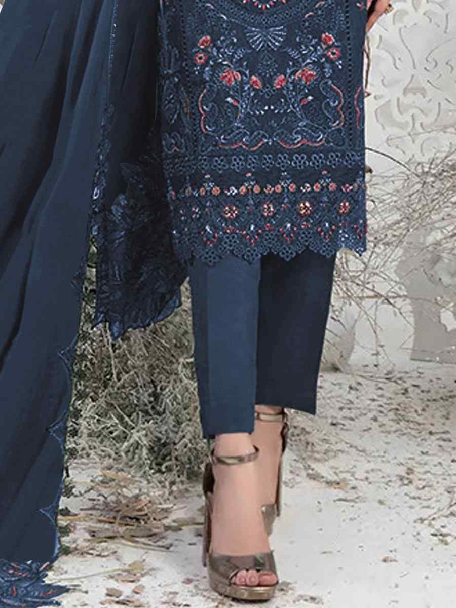 Navy Blue Faux Georgette Embroidered Festival Casual Pant Salwar Kameez