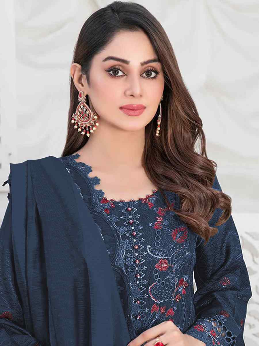 Navy Blue Faux Georgette Embroidered Festival Casual Pant Salwar Kameez