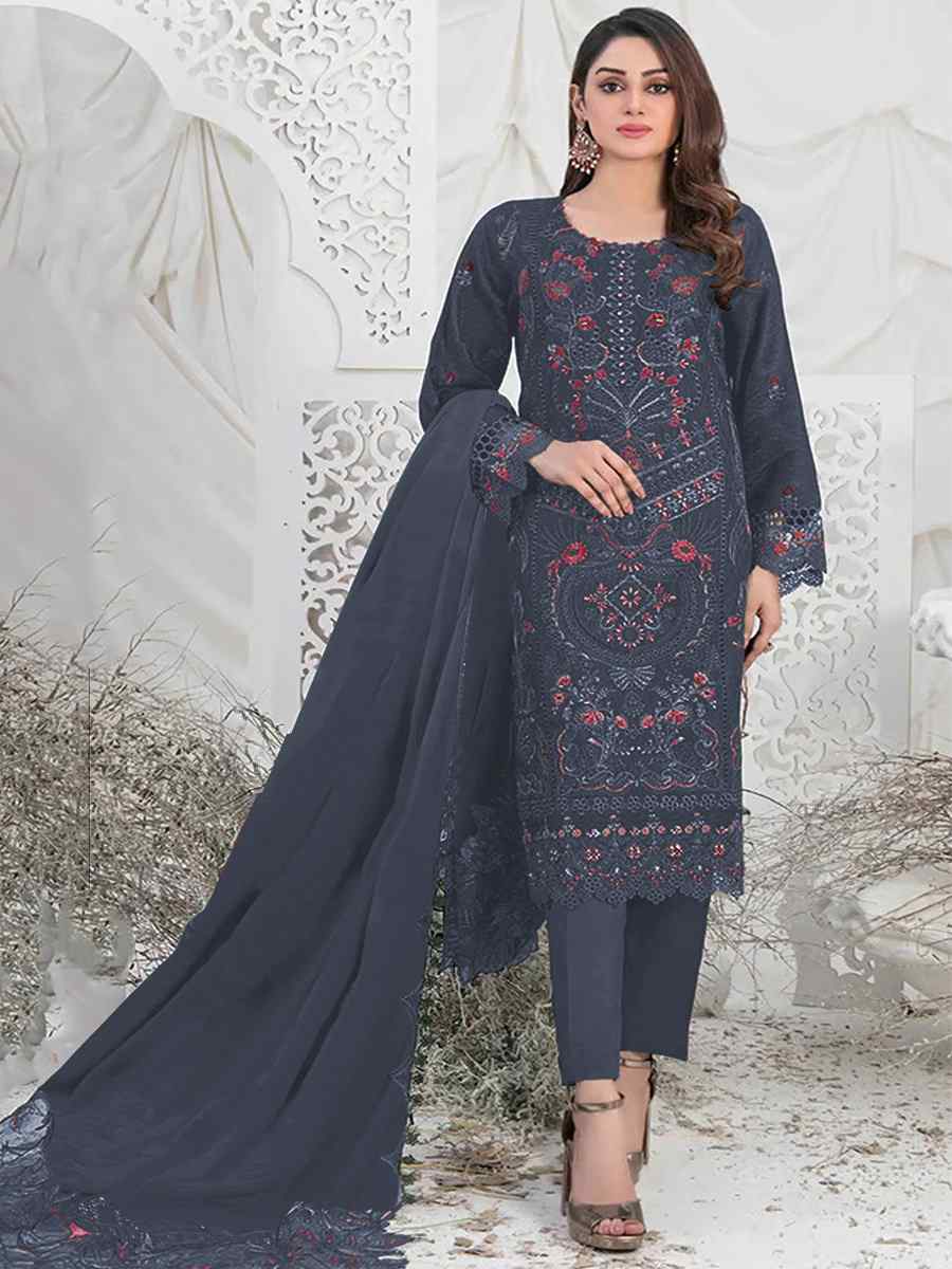 Navy Blue Faux Georgette Embroidered Festival Casual Pant Salwar Kameez